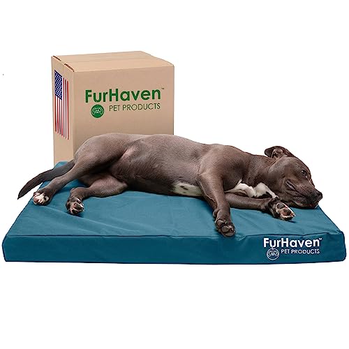 Furhaven Large Memory Foam Dog Bed Water-Resistant Indoor/Outdoor Logo Print Oxford Polycanvas Mattress w/Removable Washable Cover - Deep Lagoon, Large von Furhaven