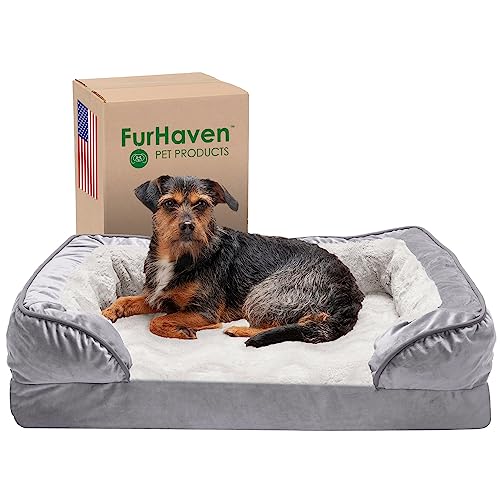 Furhaven Medium Memory Foam Dog Bed Perfect Comfort Plush & Velvet Waves Sofa-Style w/Removable Washable Cover - Granite Gray, Medium von Furhaven