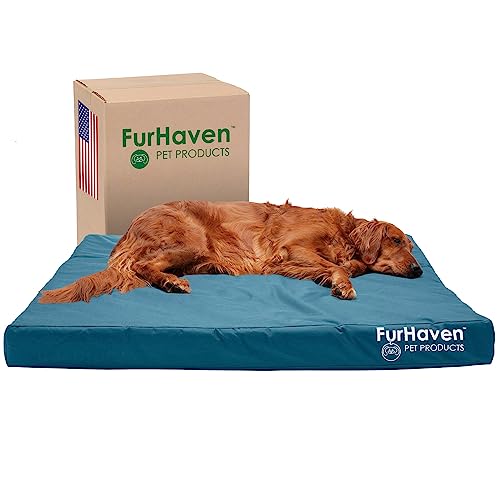 FurHaven Wasserabweisendes kühlendes Gel-Hundebett für große Hunde mit abnehmbarem, waschbarem Bezug, für Hunde bis zu 43 kg – Indoor/Outdoor Logo-Print Oxford Polycanvas Matratze – Deep Lagoon, von Furhaven