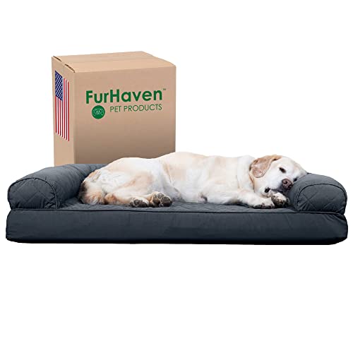 Furhaven Kühlendes Gel-Hundebett für große Hunde, mit abnehmbaren Nackenrollen und waschbarem Bezug, für Hunde bis zu 43 kg, gestepptes Sofa, Eisengrau, Jumbo/XL von Furhaven