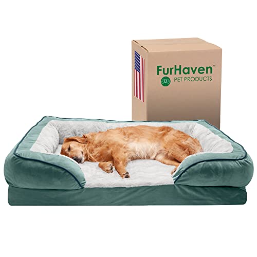 Furhaven Haustier-Hundebett – kühlendes Gel-Memory-Schaum Samtwellen perfekter Komfort Traditionelles Sofa-Stil Wohnzimmer Couch Haustierbett mit abnehmbarem Bezug für Hunde und Katzen, Seladongrün, Jumbo von Furhaven