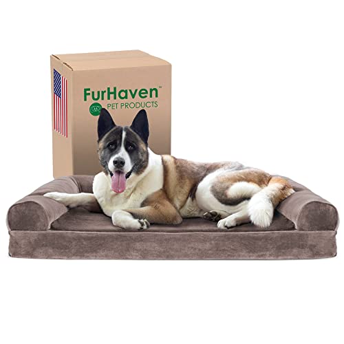 Furhaven Haustierbett | Therapeutisches Sofa-Stil, traditionelles Wohnzimmer-Couch Haustierbett mit abnehmbarem Bezug für Hunde und Katzen – erhältlich in mehreren Farben und Stilen, Kühlgel-Schaum, Jumbo, Samt Treibholz braun von Furhaven