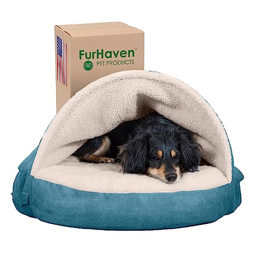 Furhaven Rundes Kühlgel-Hundebett für mittelgroße und kleine Hunde, mit abnehmbarem, waschbarem Bezug, für Hunde bis zu 13,6 kg, Sherpa- und Wildleder, 66 cm, Blau von Furhaven