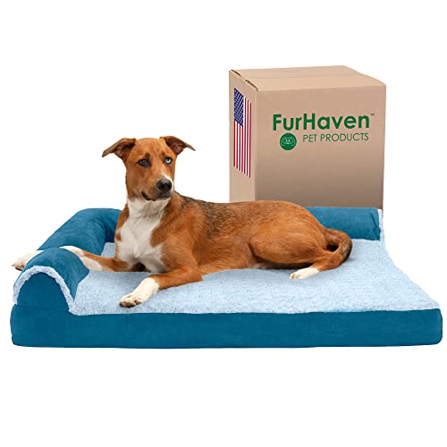 Furhaven Haustierbett für Hunde und Katzen, zweifarbiges Kunstfell und Wildleder, L-förmig, kühlendes Gel-Schaumstoff, Abnehmbarer, maschinenwaschbarer Bezug, Marineblau, Jumbo (XL) von Furhaven