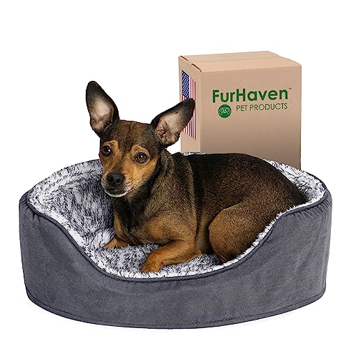 Furhaven Haustierbett für Hunde und Katzen, zweifarbiges Kunstfell und Wildleder, oval, mit abnehmbarem, waschbarem Bezug und Kissen, Grau, Größe S von Furhaven