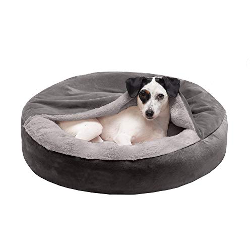 FurHaven Hundebett, rund, klein, Donut-Design, Plüsch, Samt, Wellen, mit Kapuze, beruhigend, waschbar, 61 cm, Dunkelgrau, Größe S von Furhaven