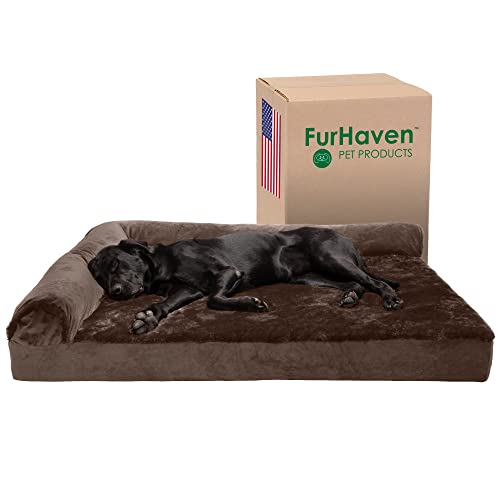 Furhaven Kühlendes Gel-Hundebett für große Hunde mit abnehmbaren Nackenrollen und waschbarem Bezug, für Hunde bis zu 56,7 kg, Plüsch und Samt, L-förmige Chaiselongue, Zobelbraun, Jumbo Plus/XXL von Furhaven