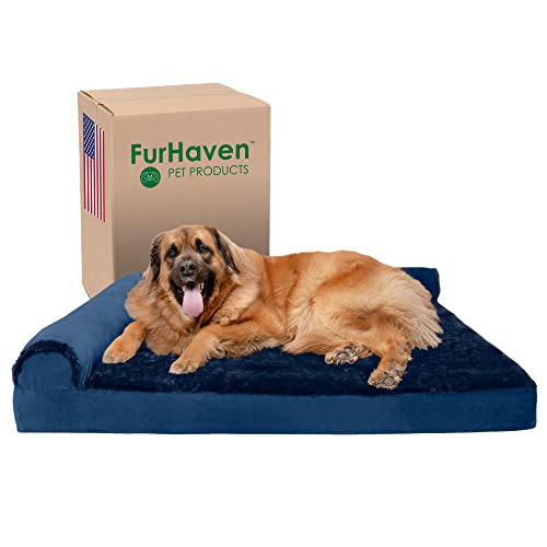 Furhaven XXL Orthopedic Dog Bed Plush & Velvet L Shaped Chaise w/Removable Washable Cover - Deep Sapphire, Jumbo Plus (XX-Large) von Furhaven