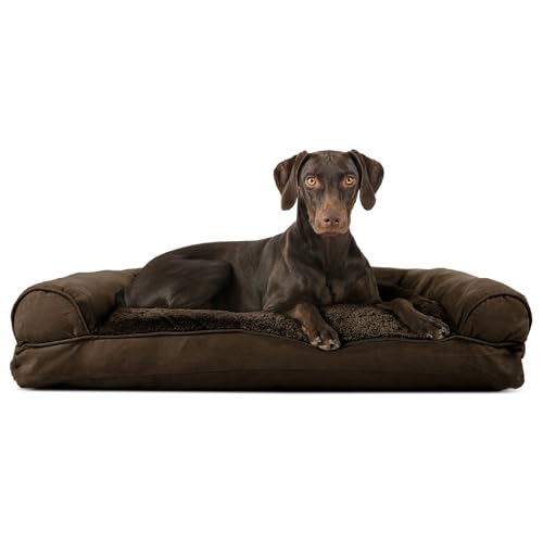 Furhaven Haustierbett für Hunde und Katzen - Plüsch und Wildleder Sofa Stil Kissen Hundebett, Abnehmbarer maschinenwaschbarer Bezug - Espresso, Groß von Furhaven