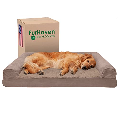 Furhaven Haustierbett für Hunde und Katzen – Plüsch und Wildleder Sofa-Stil kühlender Gelschaum Hundebett, Abnehmbarer, maschinenwaschbarer Bezug – Mandel, Jumbo (XL) von Furhaven