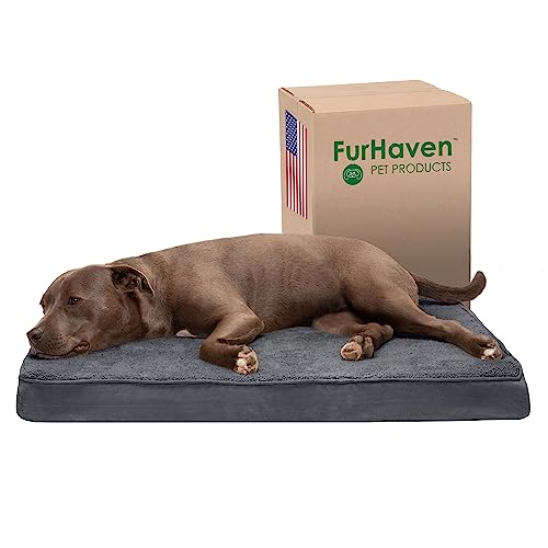 Furhaven Haustierbett für Hunde und Katzen – Snuggle Frottee und Wildleder-Matratze, kühlender Gelschaum-Hundebett, Abnehmbarer, maschinenwaschbarer Bezug – grau, groß von Furhaven