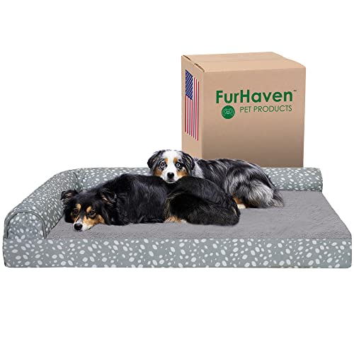 FurHaven XXL kühlendes Gelschaum-Hundebett aus Plüsch und Mandeldruck, L-Chaiselbett mit abnehmbarem, waschbarem Bezug, Graue Mandeln, Jumbo Plus (XX-Large) von Furhaven