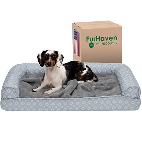 Furhaven Kühlendes Gel-Hundebett für mittelgroße und kleine Hunde mit abnehmbaren Nackenrollen und waschbarem Bezug, für Hunde bis zu 15,9 kg – Plüsch & Diamant-Print Nest Top Sofa – Grau, Größe M von Furhaven