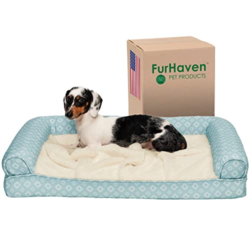 FurHaven Kühlendes Gel-Hundebett für mittelgroße und kleine Hunde, mit abnehmbaren Nackenrollen und waschbarem Bezug, für Hunde bis zu 15,9 kg, Plüsch- und Diamant-Druck, Aqua, Größe M von Furhaven