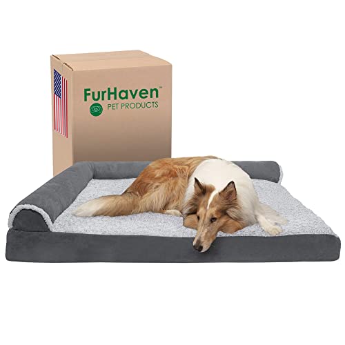 Furhaven Hundebett, zweifarbig, Kunstfell und Wildleder, L-förmig, kühlendes Gel-Schaumstoff, Steingrau, Jumbo Plus (XXL) von Furhaven