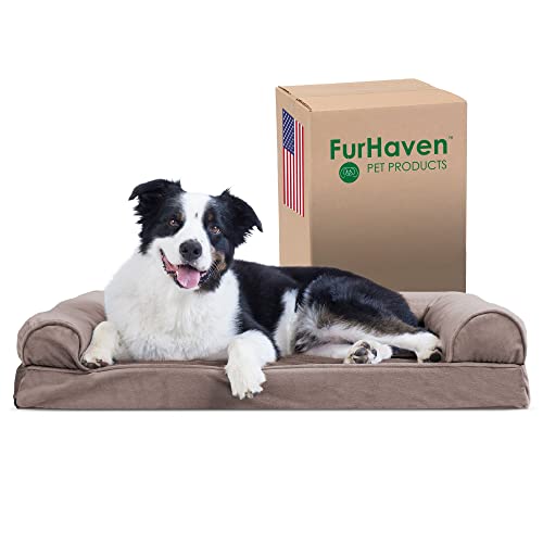 Furhaven Kühlendes Gel-Hundebett für große/mittelgroße Hunde mit abnehmbaren Nackenrollen und waschbarem Bezug, für Hunde bis zu 25 kg, Kunstfell- und Samtsofa, Treibholzbraun, Größe L von Furhaven