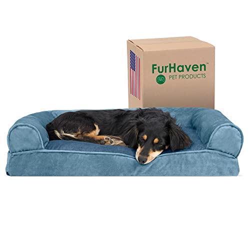 Furhaven Hundebett aus Kunstfell und Samt, mit abnehmbarem, waschbarem Bezug, Größe M, Harbor Blue von Furhaven