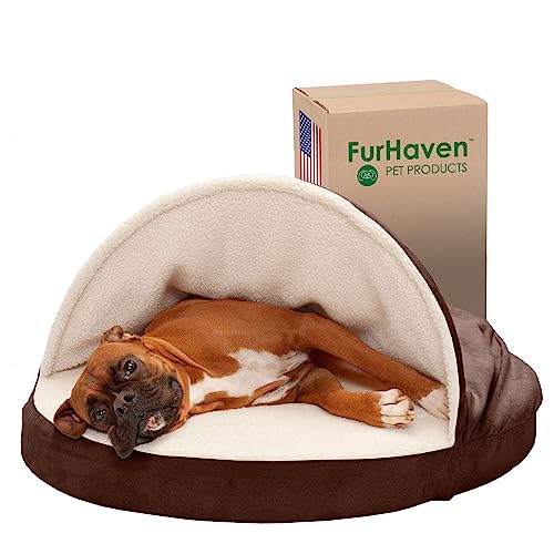 Furhaven Hundebett aus Memory-Schaum, rund, 88,9 cm, für große und mittelgroße Hunde, mit abnehmbarem, waschbarem Bezug, für Hunde bis zu 22,7 kg – Sherpa & Suede Snuggery – Espresso, 88,9 cm von Furhaven