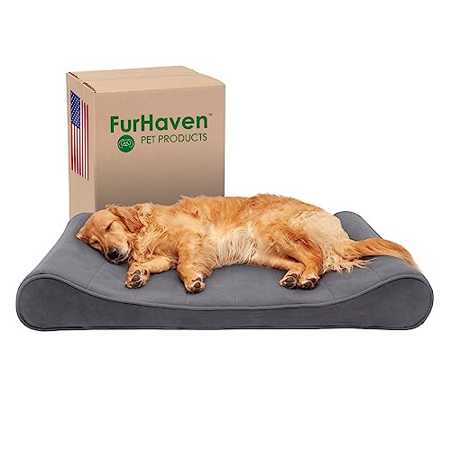 Furhaven Hundebett aus Memory-Schaum für große Hunde mit abnehmbarem, waschbarem Bezug, für Hunde bis zu 34 kg, Microvelvet Luxe-Liege, Konturmatratze, Grau, Jumbo/XL, 61539397BX von Furhaven