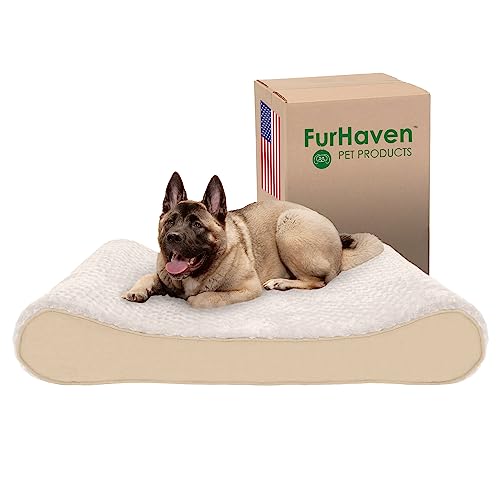 Furhaven Hundebett aus Memory-Schaum für große Hunde mit abnehmbarem, waschbarem Bezug, für Hunde bis zu 68 kg, ultraweiches Kunstfell und Wildleder, luxuriöse Liegematratze, cremefarben, Jumbo von Furhaven