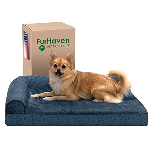 FurHaven Hundebett aus Memory-Schaum, Größe M, Plüsch- und Mandelmuster, L-förmige Chaiselongue, Abnehmbarer, waschbarer Bezug, Größe M, Mandelblau von Furhaven