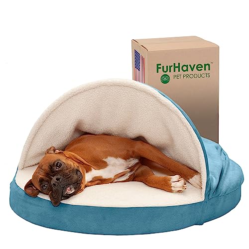 Furhaven Rundes Hundebett aus Memory-Schaum für große und mittelgroße Hunde mit abnehmbarem, waschbarem Bezug, für Hunde bis zu 22,7 kg, Sherpa und Wildleder, 89 cm, Blau von Furhaven