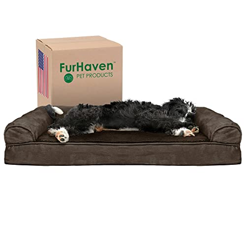 Furhaven Kühlendes Gel-Hundebett für große/mittelgroße Hunde mit abnehmbaren Seitenrollen und waschbarem Bezug, für Hunde bis zu 25 kg, Plüsch- und Wildledersofa, Espressobraun, Größe L von Furhaven