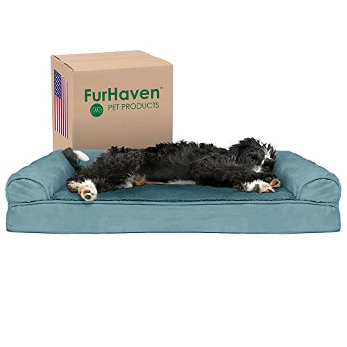 Furhaven Kühlendes Gel-Hundebett für große/mittelgroße Hunde mit abnehmbaren Nackenrollen und waschbarem Bezug, für Hunde bis zu 25 kg – Plüsch & Wildleder Sofa – tiefer Pool, groß von Furhaven