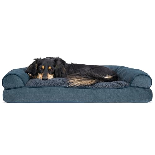 Furhaven Hundebett aus Sherpa- und Chenille-Sofa-Stil mit abnehmbarem, waschbarem Bezug, Größe M, Orionblau von Furhaven