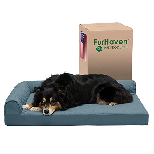 Furhaven Kühlendes Gel-Hundebett für große/mittelgroße Hunde mit abnehmbaren Nackenrollen und waschbarem Bezug, für Hunde bis zu 25 kg – Pinsonic Gesteppte Pfotenpfote L-förmige Chaiselongue – von Furhaven