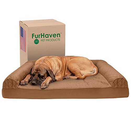 Furhaven Kühlendes Gel-Hundebett für große Hunde, mit abnehmbaren Nackenrollen und waschbarem Bezug, für Hunde bis zu 57 kg, gestepptes Sofa, Toasted Brown, Jumbo Plus/XXL von Furhaven