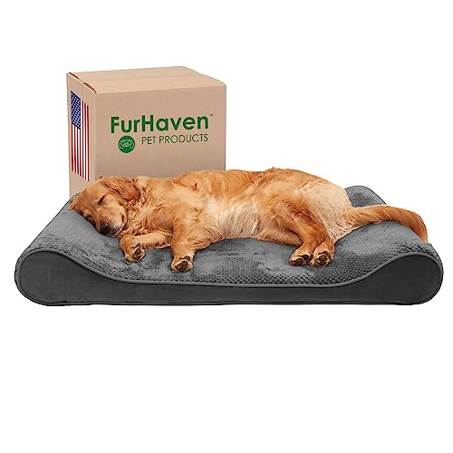 Furhaven Kühlendes Gel-Hundebett für große Hunde mit abnehmbarem waschbarem Bezug, für Hunde bis zu 34 kg – Minky Plüsch & Samt Luxe Liege Konturmatratze – Grau, Jumbo/XL von Furhaven