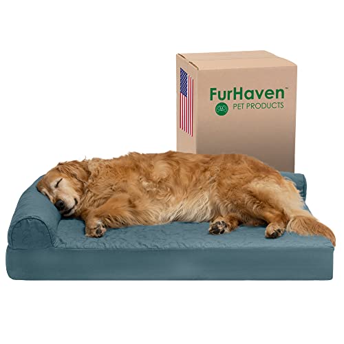 Furhaven Kühlendes Gel Hundebett für große Hunde mit abnehmbaren Nackenrollen und waschbarem Bezug, für Hunde bis zu 43 kg – Pinsonic Gesteppte Pfotenpfote L-förmige Chaise – Bluestone, Jumbo/XL von Furhaven