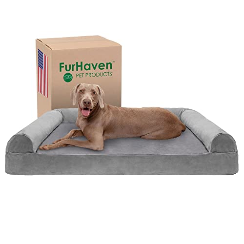 Furhaven Kühlendes Gel-Hundebett für große Hunde mit abnehmbaren Nackenrollen und waschbarem Bezug, für Hunde bis zu 56,7 kg – Kunstfell & Samtsofa – Rauchgrau, Jumbo Plus/XXL von Furhaven