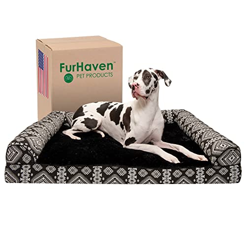 Furhaven Kühlendes Gel-Hundebett für große Hunde mit abnehmbaren Nackenrollen und waschbarem Bezug, für Hunde bis zu 56,7 kg – Plüsch & Southwest Kelim gewebtes Dekor-Sofa – schwarzes Medaillon, Jumbo von Furhaven