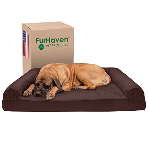 Furhaven Kühlendes Gel-Hundebett für große Hunde mit abnehmbaren Nackenrollen und waschbarem Bezug, für Hunde bis zu 56,7 kg – gestepptes Sofa – Kaffee, Jumbo Plus/XXL von Furhaven