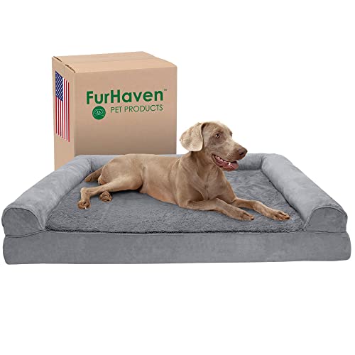 Furhaven Kühlendes Gel-Hundebett für große Hunde mit abnehmbaren Nackenrollen und waschbarem Bezug, für Hunde bis zu 57 kg, Plüsch- und Wildleder-Sofa, Grau, Jumbo Plus/XXL von Furhaven