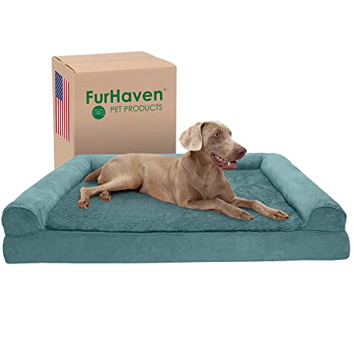 Furhaven Kühlendes Gel-Hundebett für große Hunde mit abnehmbaren Nackenrollen und waschbarem Bezug, für Hunde bis zu 57 kg, Plüsch- und Wildleder-Sofa, tiefer Pool, Jumbo Plus/XXL von Furhaven