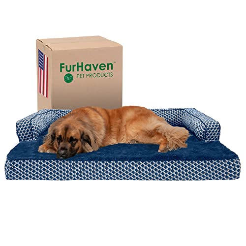 Furhaven Kühlendes Gel-Hundebett für große Hunde mit abnehmbaren Nackenrollen und waschbarem Bezug, für Hunde bis zu 57 kg, Plüsch- und gewebtes Dekor, bequemes Couch-Sofa, Diamantblau, Jumbo Plus/XXL von Furhaven