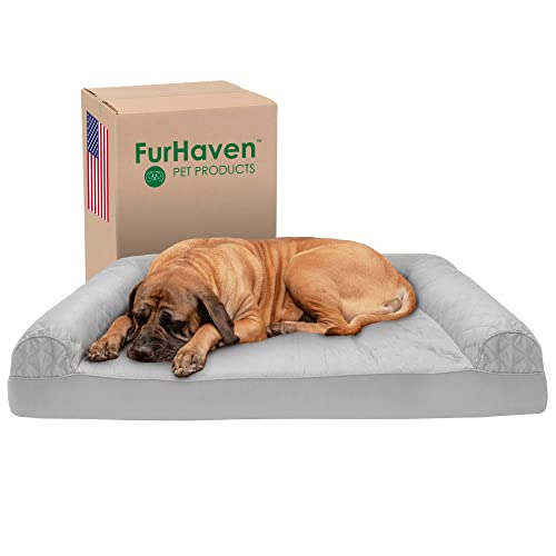 Furhaven Kühlendes Gel-Hundebett für große Hunde mit abnehmbaren Nackenrollen und waschbarem Bezug, für Hunde bis zu 57 kg, gestepptes Sofa, Silbergrau, Jumbo Plus/XXL von Furhaven