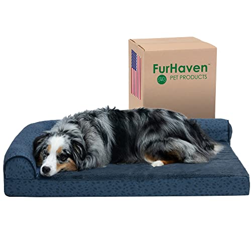 Furhaven Kühlendes Gel-Hundebett für große und mittelgroße Hunde mit abnehmbaren Nackenrollen und waschbarem Bezug, für Hunde bis zu 25 kg – Plüsch & Mandelaufdruck, L-förmige Chaiselongue, Blaue von Furhaven