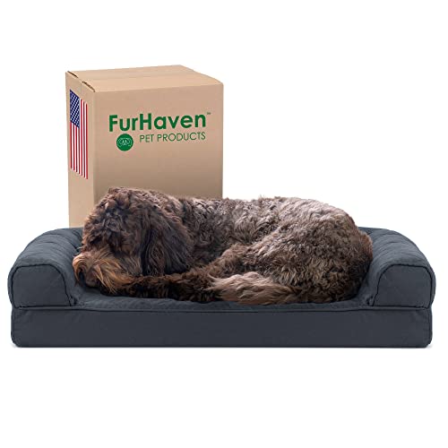 Furhaven Kühlendes Gel-Hundebett für mittelgroße und kleine Hunde, mit abnehmbaren Nackenrollen und waschbarem Bezug, für Hunde bis zu 15,9 kg, gestepptes Sofa, Eisengrau, Größe M von Furhaven