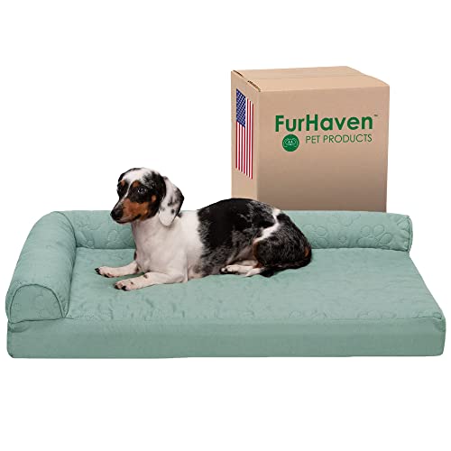 Furhaven Kühlendes Gel-Hundebett für mittelgroße und kleine Hunde mit abnehmbaren Nackenrollen und waschbarem Bezug, für Hunde bis zu 15,9 kg – Pinsonic Gesteppte Pfote L-förmige Chaiselongue – von Furhaven