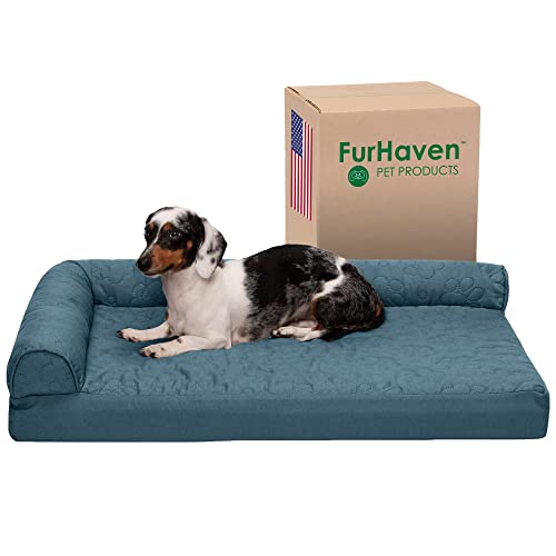 Furhaven Kühlendes Gel-Hundebett für mittelgroße und kleine Hunde mit abnehmbaren Nackenrollen und waschbarem Bezug, für Hunde bis zu 15,9 kg – Pinsonic Gesteppte Pfotenpfote L-förmige Chaiselongue – von Furhaven