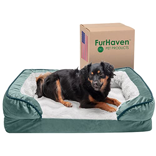 Furhaven Kühlendes Gel-Hundebett für mittelgroße und kleine Hunde mit abnehmbaren Nackenrollen und waschbarem Bezug, für Hunde bis zu 15,9 kg – Plüsch & Samtwellen, perfektes Komfort-Sofa – von Furhaven