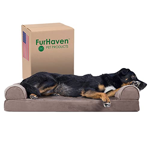 Furhaven Large Memory Foam Dog Bed Faux Fur & Velvet Sofa-Style w/Removable Washable Cover - Driftwood Brown, Large von Furhaven