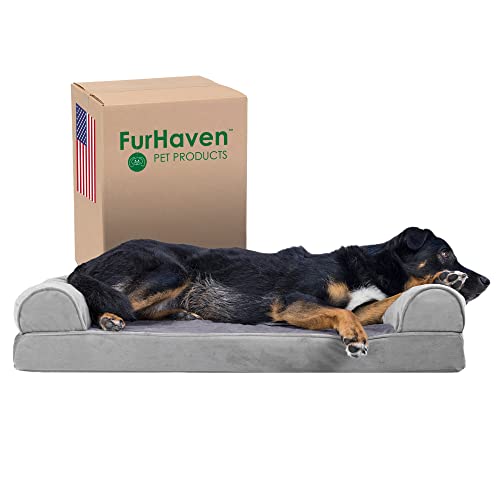 Furhaven Large Memory Foam Dog Bed Faux Fur & Velvet Sofa-Style w/Removable Washable Cover - Smoke Gray, Large von Furhaven