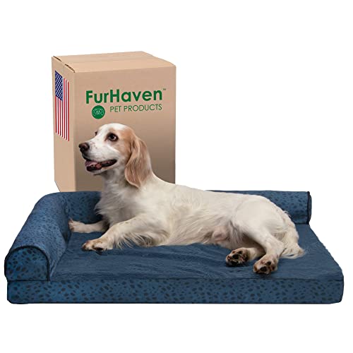 Furhaven Large Memory Foam Dog Bed Plush & Almond Print L Shaped Chaise w/Removable Washable Cover - Blue Almonds, Large von Furhaven