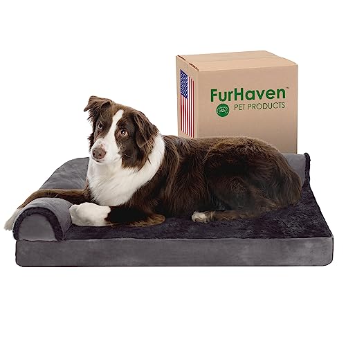 Furhaven Large Memory Foam Dog Bed Plush & Velvet L Shaped Chaise w/Removable Washable Cover - Platinum Gray, Large von Furhaven