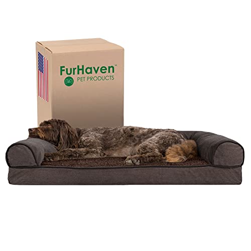 Furhaven Large Memory Foam Dog Bed Sherpa & Chenille Sofa-Style w/Removable Washable Cover - Coffee, Large von Furhaven